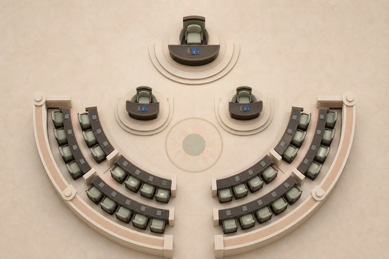Top-down architectural chamber with one isolated chairman, two judges and two semicircular groups of specialists